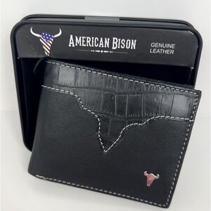 American Bison Genuine Leather Wallet Black Croc Embossed Bifold Metal Logo NEW